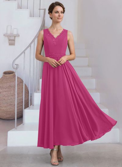 A-Line V-Neck Chiffon Mother Of The Bride Dresses With Appliques Lace