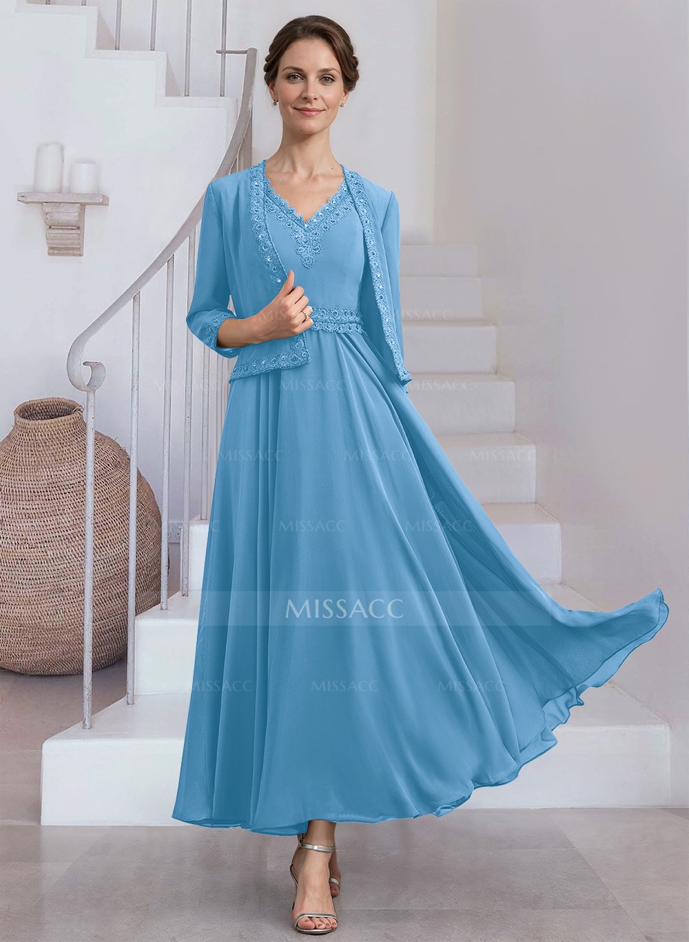 Modest Lace Embroidered V-Neck Chiffon Mother Of The Bride Dresses With  Jacket - Missacc, image size:1000x1367