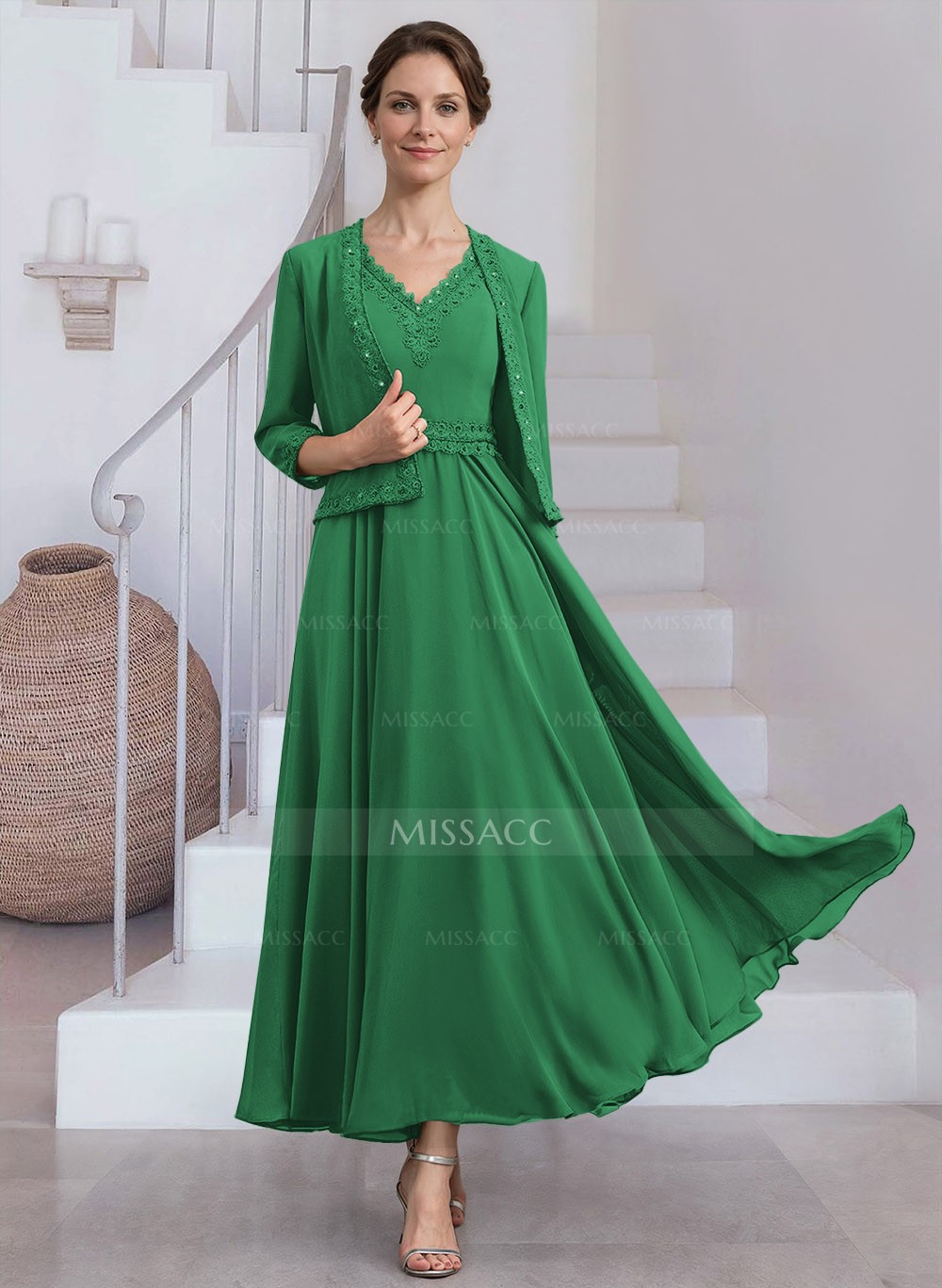 Modest Lace Embroidered V-Neck Chiffon Mother Of The Bride Dresses With  Jacket - Missacc, image size:1000x1367