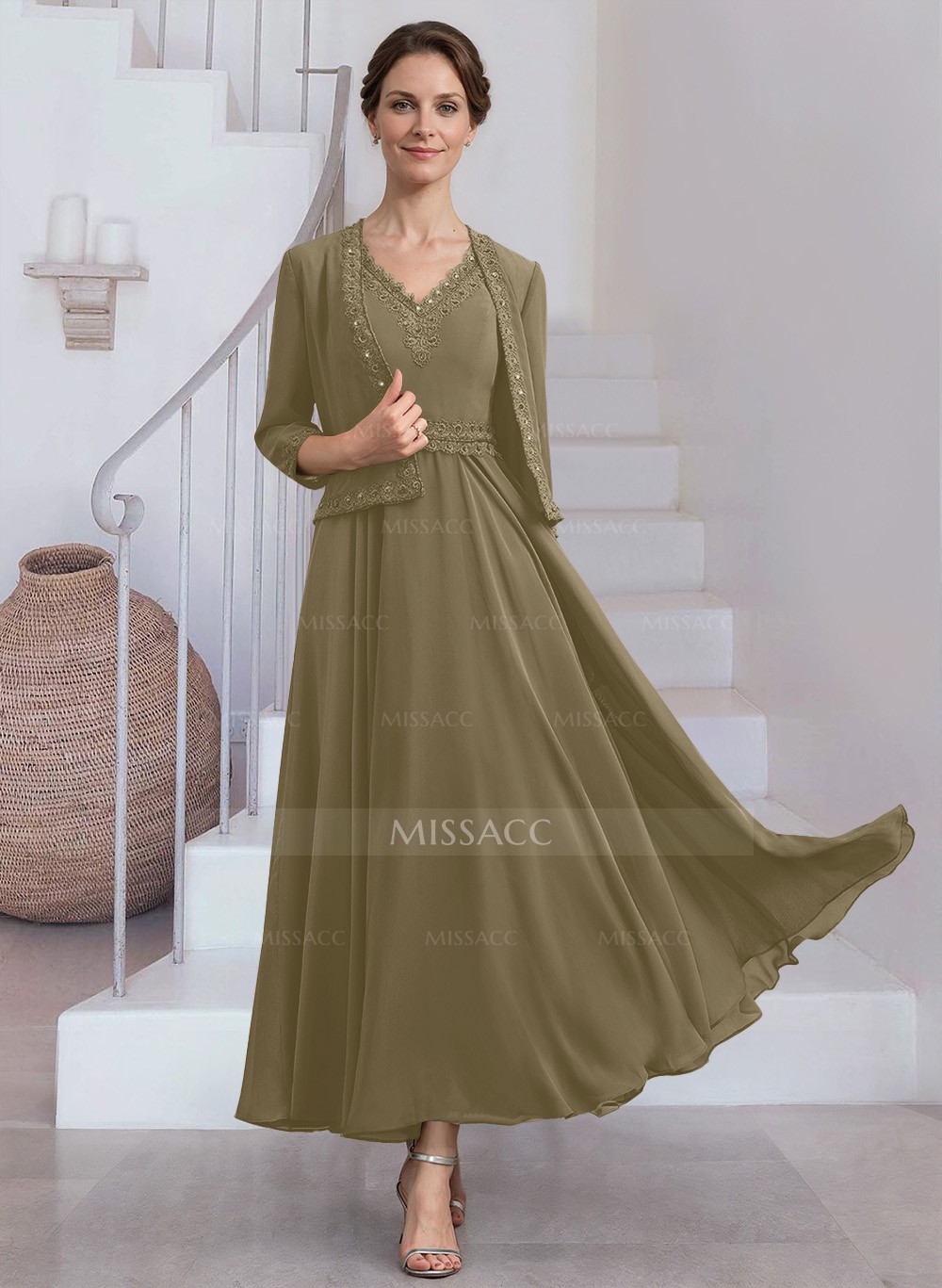 Modest Lace Embroidered V-Neck Chiffon Mother Of The Bride Dresses With  Jacket - Missacc, image size:1000x1367