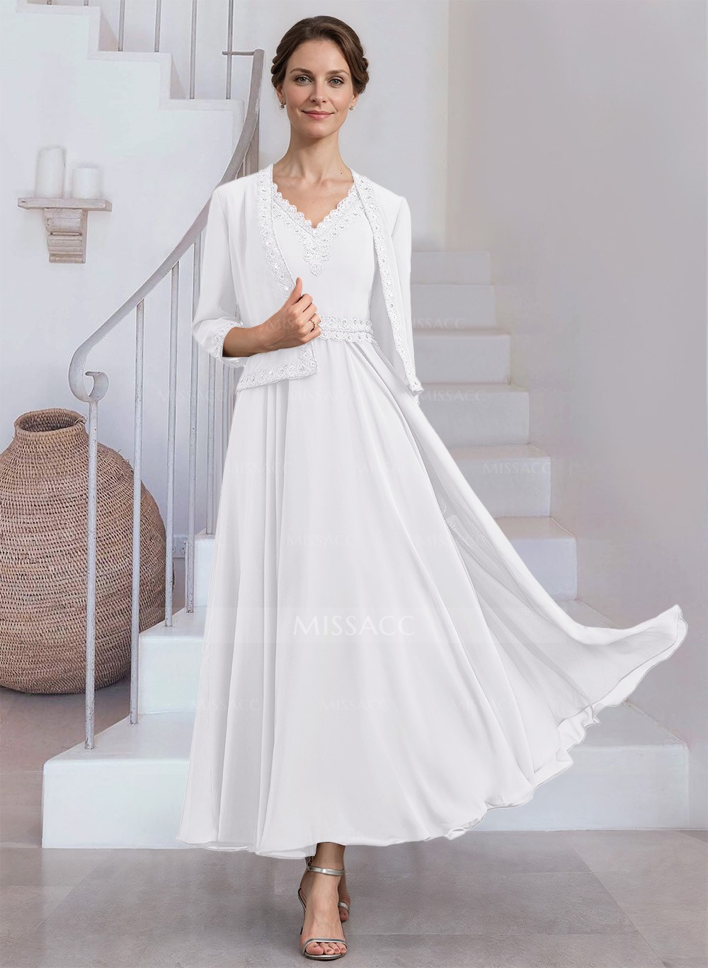 Modest Lace Embroidered V-Neck Chiffon Mother Of The Bride Dresses With  Jacket - Missacc, image size:1000x1367