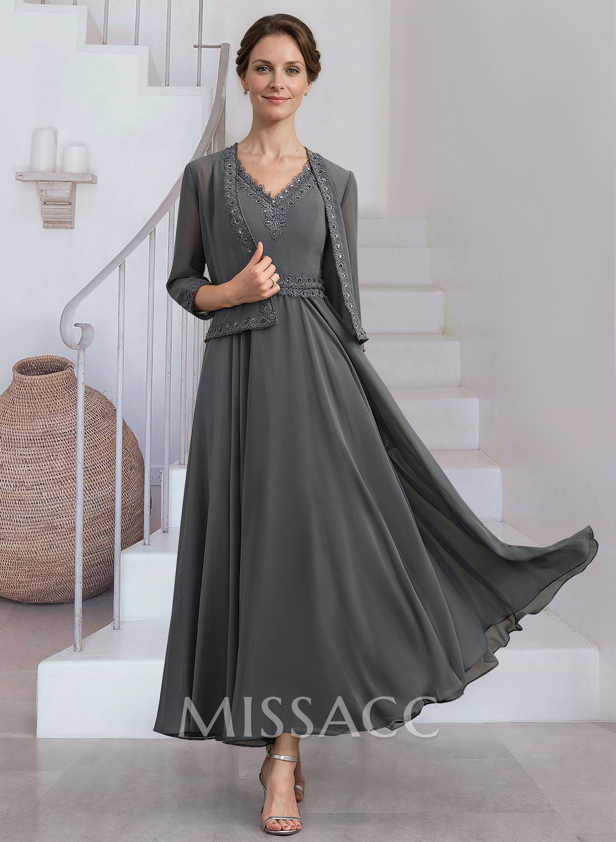 Modest Lace Embroidered V-Neck Chiffon Mother Of The Bride Dresses With Jacket