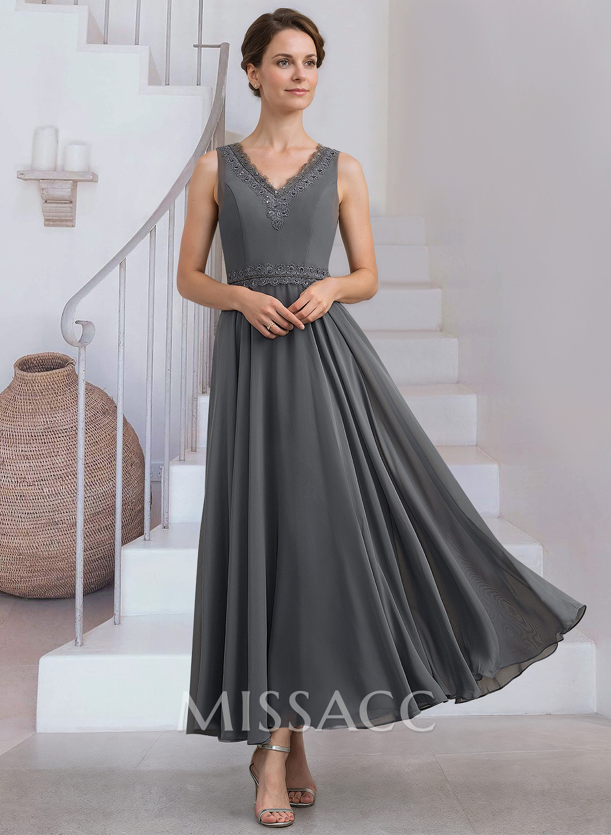 Modest Lace Embroidered V-Neck Chiffon Mother Of The Bride Dresses With Jacket