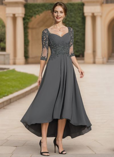 Exquisite Semi Sheer Illusion Lace Applique Sleeves Chiffon Mother Of The Bride Dresses