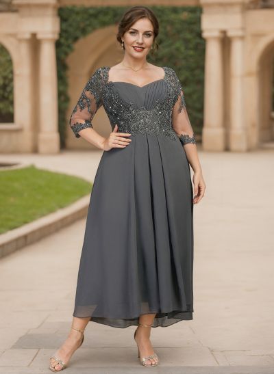 Exquisite Semi Sheer Illusion Lace Applique Sleeves Chiffon Mother Of The Bride Dresses