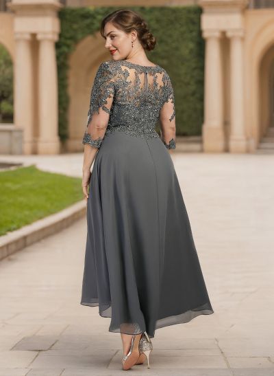 Exquisite Semi Sheer Illusion Lace Applique Sleeves Chiffon Mother Of The Bride Dresses