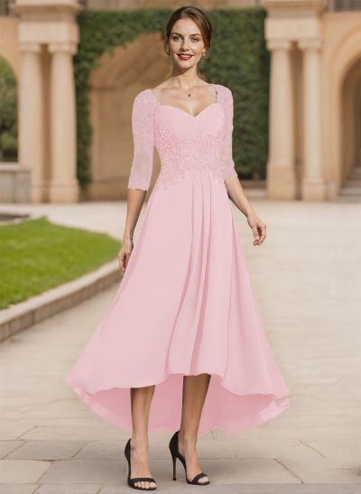 Exquisite Semi Sheer Illusion Lace Applique Sleeves Chiffon Mother Of The Bride Dresses