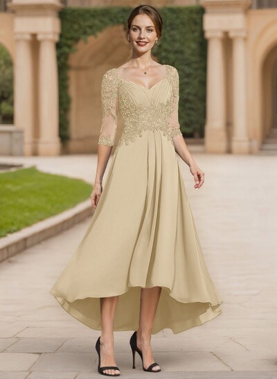 Exquisite Semi Sheer Illusion Lace Applique Sleeves Chiffon Mother Of The Bride Dresses