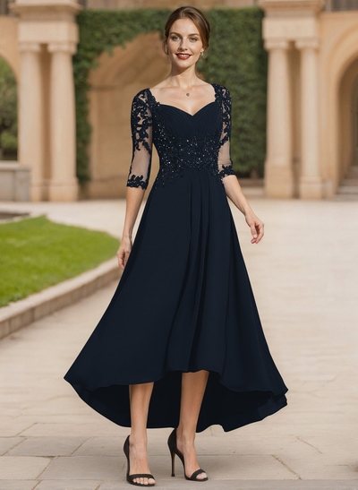 Exquisite Semi Sheer Illusion Lace Applique Sleeves Chiffon Mother Of The Bride Dresses