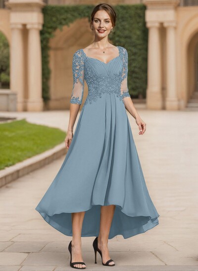 Exquisite Semi Sheer Illusion Lace Applique Sleeves Chiffon Mother Of The Bride Dresses