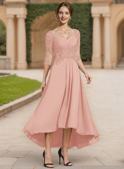 Exquisite Semi Sheer Illusion Lace Applique Sleeves Chiffon Mother Of The Bride Dresses