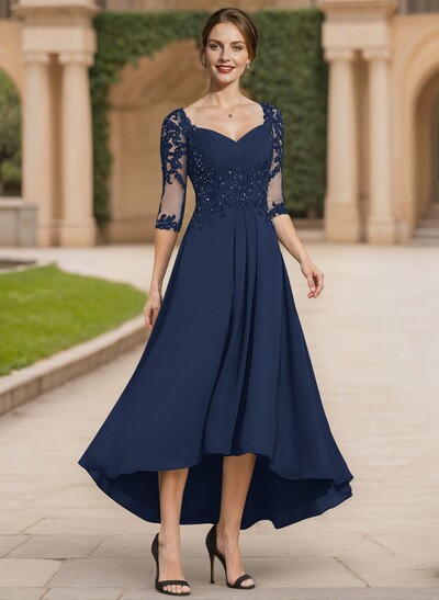 Exquisite Semi Sheer Illusion Lace Applique Sleeves Chiffon Mother Of The Bride Dresses