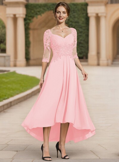 Exquisite Semi Sheer Illusion Lace Applique Sleeves Chiffon Mother Of The Bride Dresses