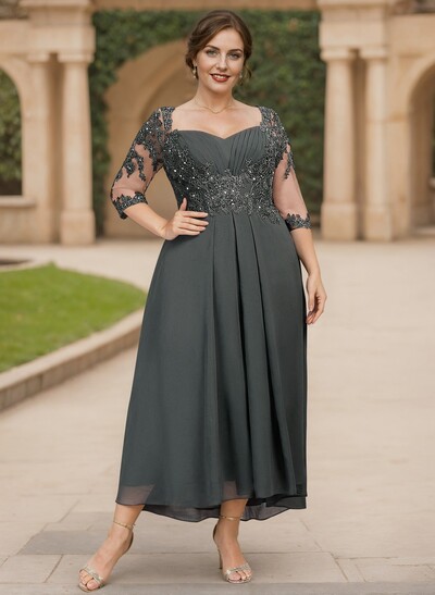 Exquisite Semi Sheer Illusion Lace Applique Sleeves Chiffon Mother Of The Bride Dresses
