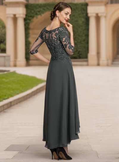 Exquisite Semi Sheer Illusion Lace Applique Sleeves Chiffon Mother Of The Bride Dresses