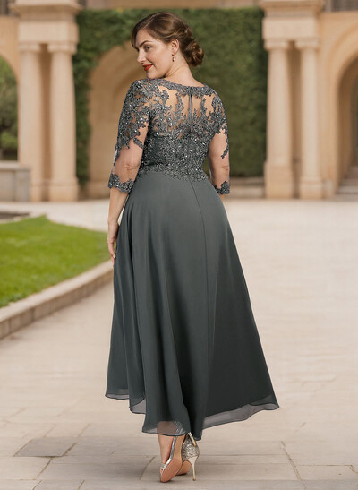 Exquisite Semi Sheer Illusion Lace Applique Sleeves Chiffon Mother Of The Bride Dresses