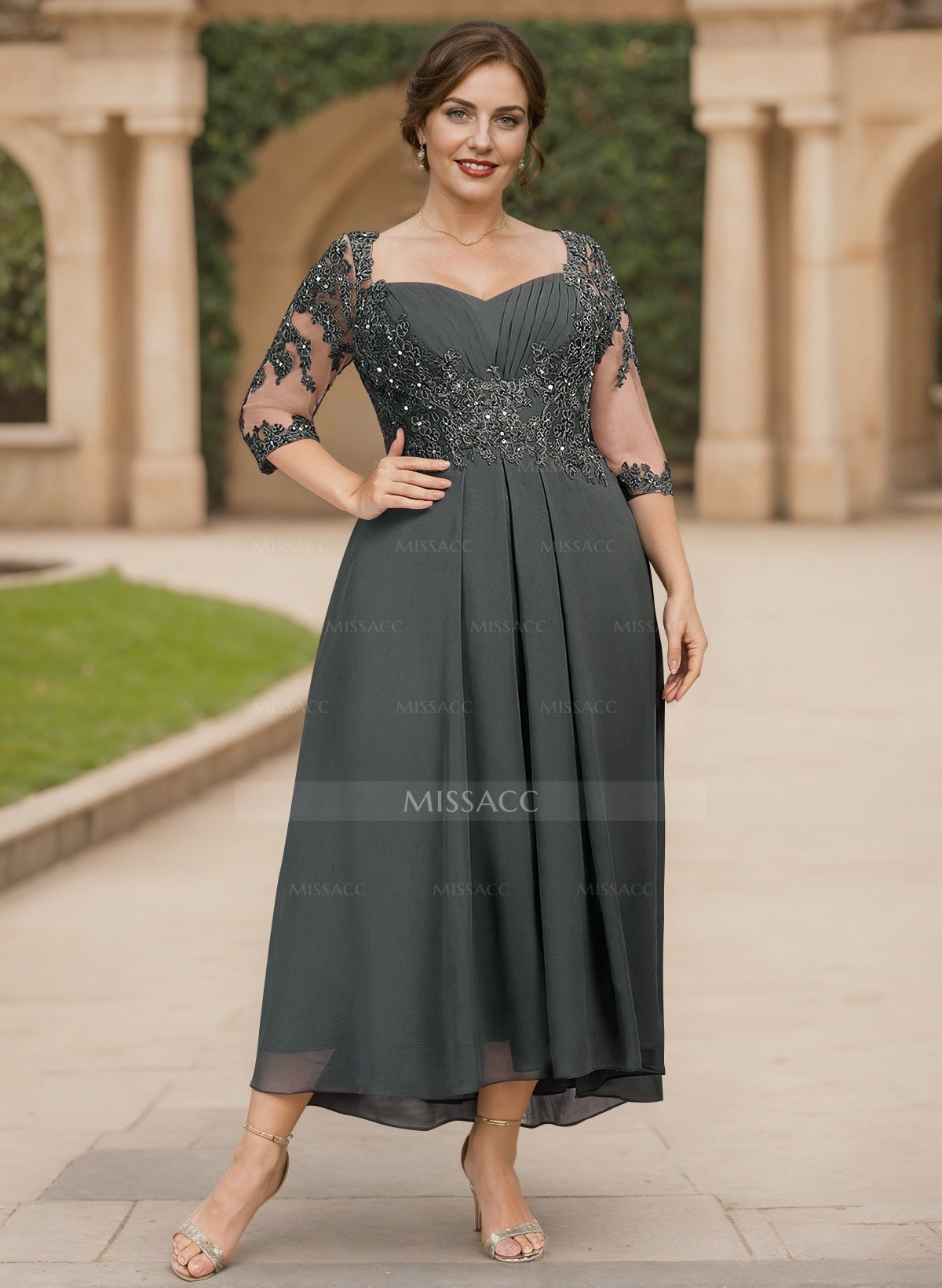 Exquisite Semi Sheer Illusion Lace Applique Sleeves Chiffon Mother Of The Bride Dresses