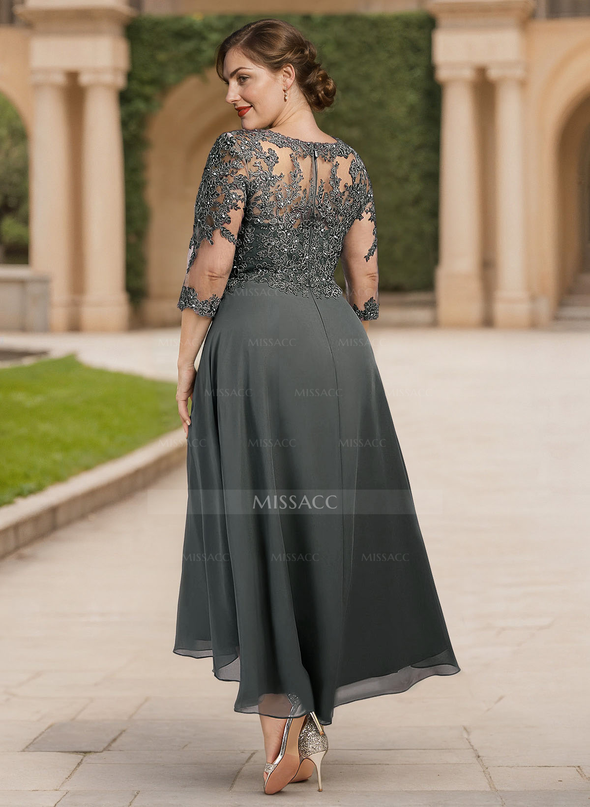 Exquisite Semi Sheer Illusion Lace Applique Sleeves Chiffon Mother Of The Bride Dresses