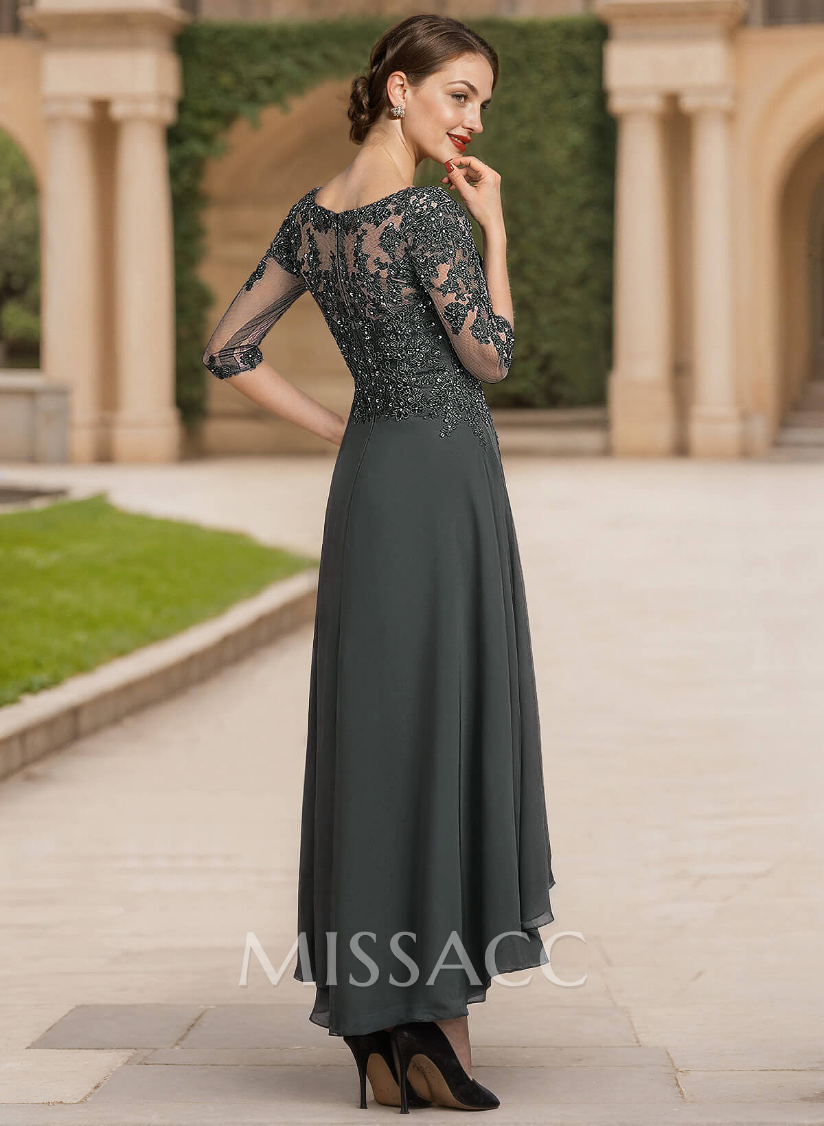 Exquisite Semi Sheer Illusion Lace Applique Sleeves Chiffon Mother Of The Bride Dresses