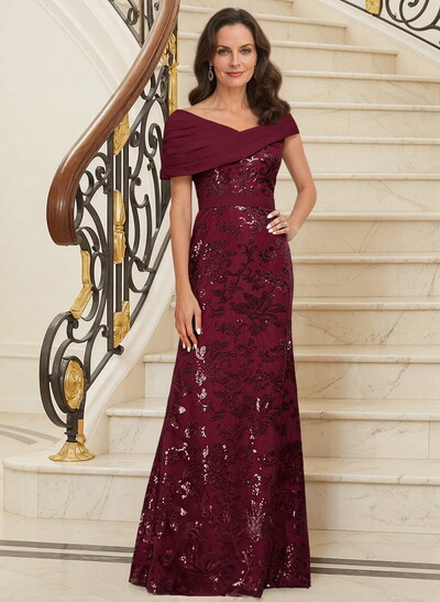 Bedazzled Asymmetrical Wrap Off Shoulder Mother Of The Bride Dresses With Floral Skirt