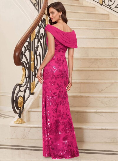 Bedazzled Asymmetrical Wrap Off Shoulder Mother Of The Bride Dresses With Floral Skirt