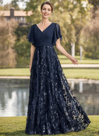 Exquisite Flutter Sleeve V-Neck Mother Of The Bride Dresses With Floral Embroidered Skirt