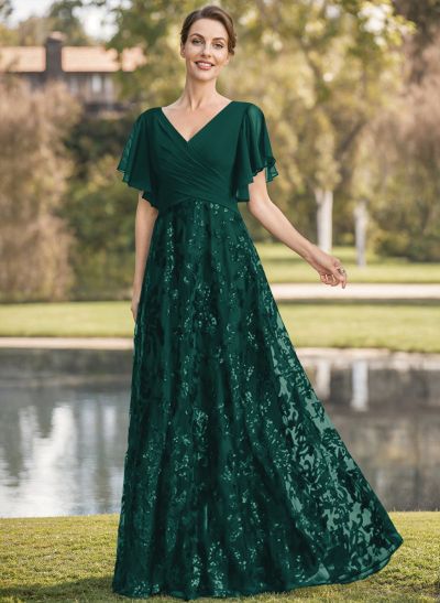 Exquisite Flutter Sleeve V-Neck Mother Of The Bride Dresses With Floral Embroidered Skirt