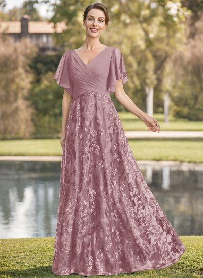 Exquisite Flutter Sleeve V-Neck Mother Of The Bride Dresses With Floral Embroidered Skirt