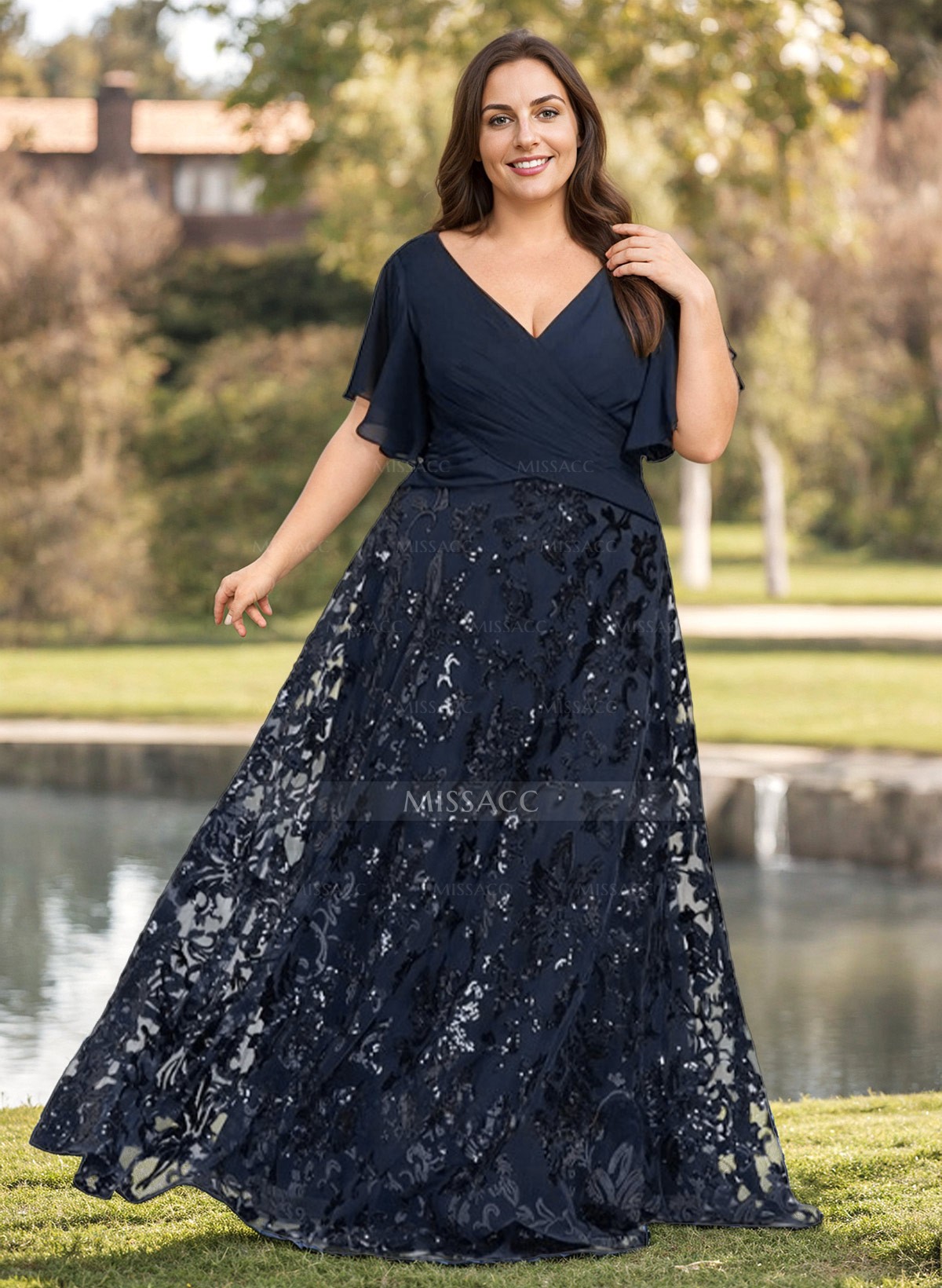 Exquisite Flutter Sleeve V-Neck Mother Of The Bride Dresses With Floral Embroidered Skirt