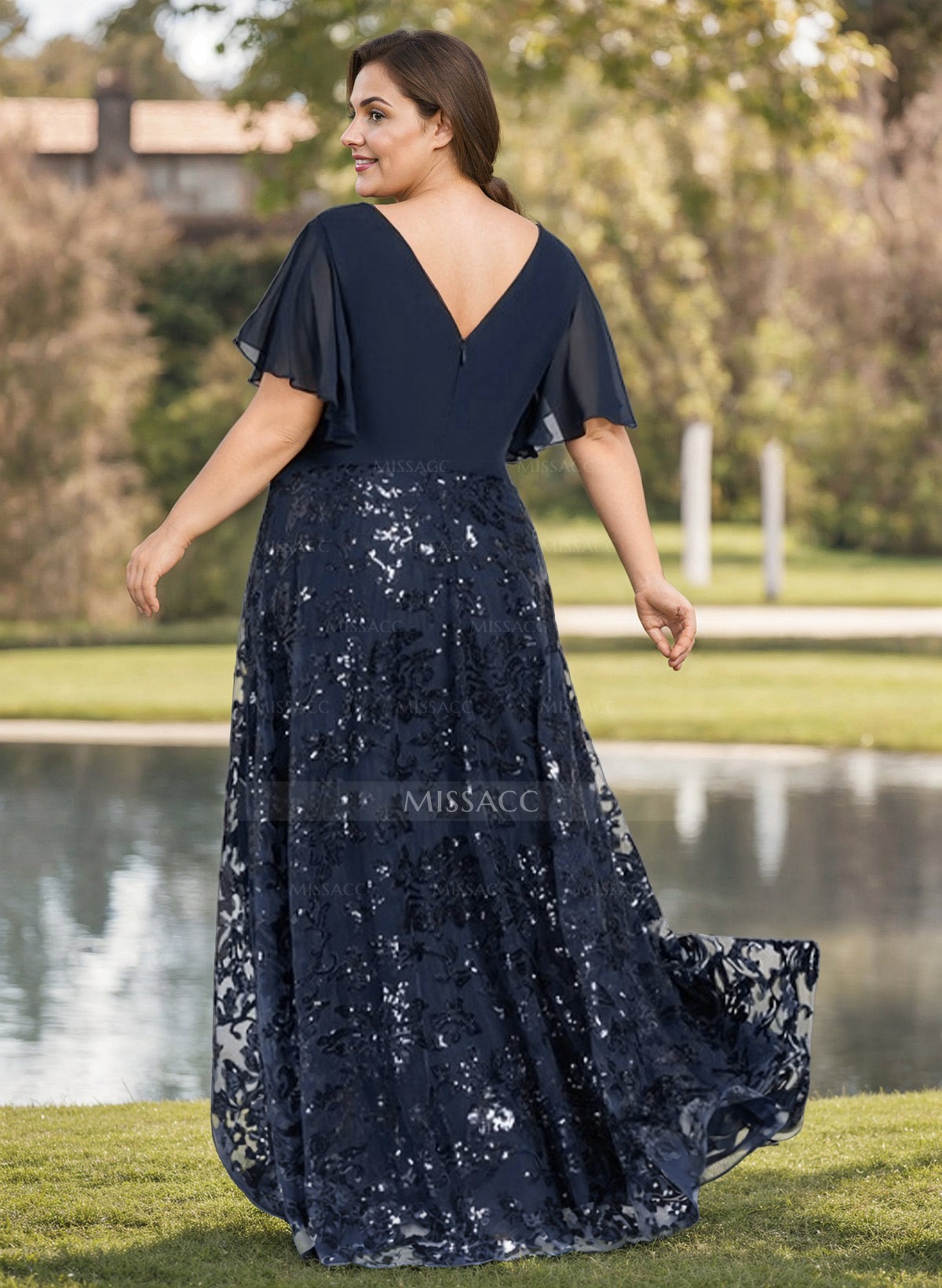 A-Line V-Neck Short Sleeves Chiffon Mother Of The Bride Dresses With Sequins