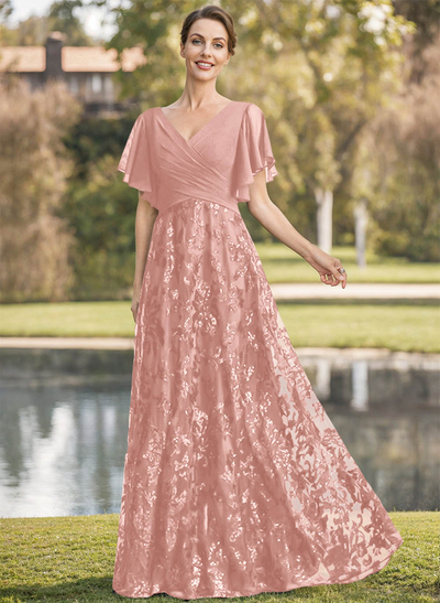 Exquisite Flutter Sleeve V-Neck Mother Of The Bride Dresses With Floral Embroidered Skirt
