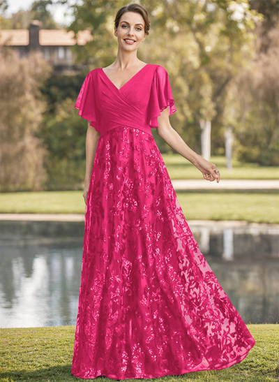 Exquisite Flutter Sleeve V-Neck Mother Of The Bride Dresses With Floral Embroidered Skirt