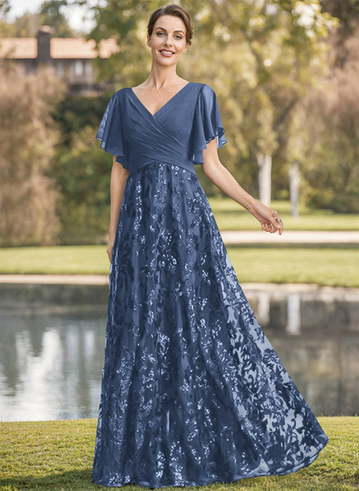 Exquisite Flutter Sleeve V-Neck Mother Of The Bride Dresses With Floral Embroidered Skirt