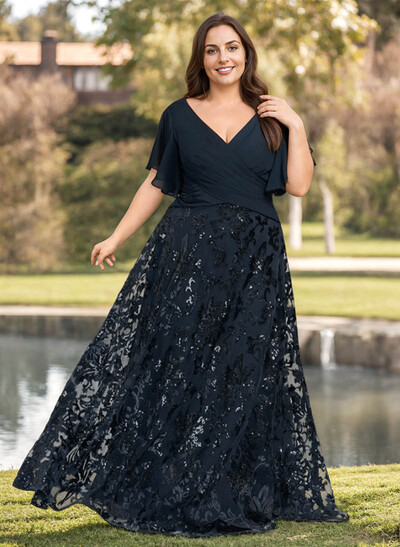 Exquisite Flutter Sleeve V-Neck Mother Of The Bride Dresses With Floral Embroidered Skirt