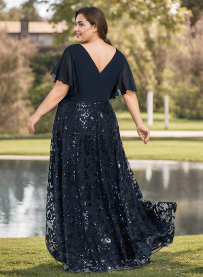 Exquisite Flutter Sleeve V-Neck Mother Of The Bride Dresses With Floral Embroidered Skirt