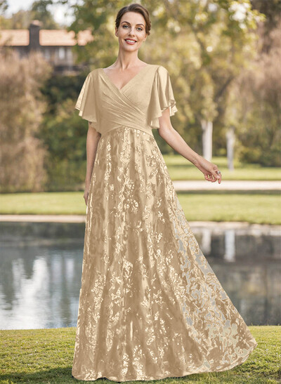 Exquisite Flutter Sleeve V-Neck Mother Of The Bride Dresses With Floral Embroidered Skirt