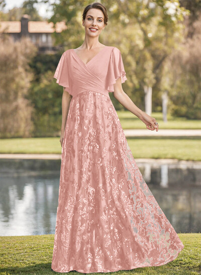 Exquisite Flutter Sleeve V-Neck Mother Of The Bride Dresses With Floral Embroidered Skirt