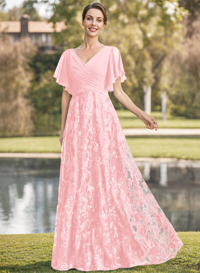 Exquisite Flutter Sleeve V-Neck Mother Of The Bride Dresses With Floral Embroidered Skirt