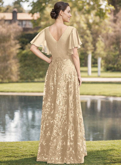 Exquisite Flutter Sleeve V-Neck Mother Of The Bride Dresses With Floral Embroidered Skirt