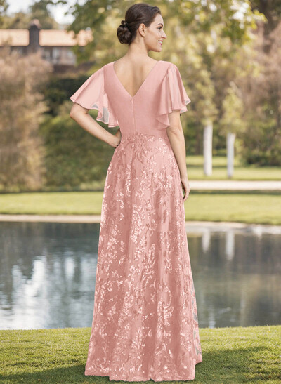 Exquisite Flutter Sleeve V-Neck Mother Of The Bride Dresses With Floral Embroidered Skirt