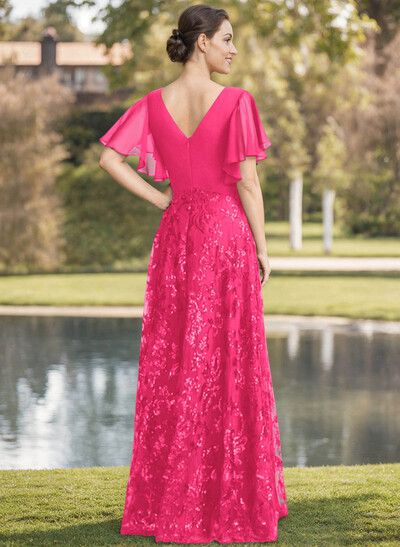 Exquisite Flutter Sleeve V-Neck Mother Of The Bride Dresses With Floral Embroidered Skirt