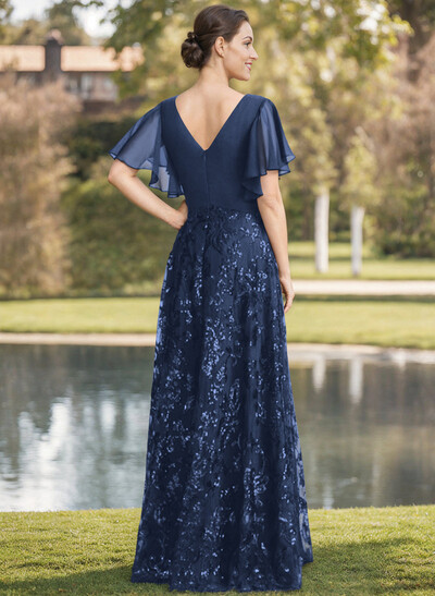 Exquisite Flutter Sleeve V-Neck Mother Of The Bride Dresses With Floral Embroidered Skirt