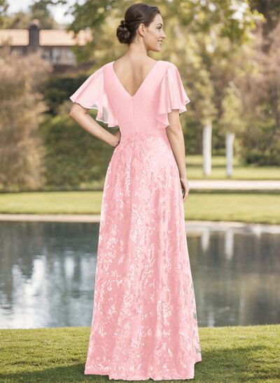 Exquisite Flutter Sleeve V-Neck Mother Of The Bride Dresses With Floral Embroidered Skirt