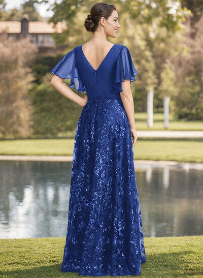 Exquisite Flutter Sleeve V-Neck Mother Of The Bride Dresses With Floral Embroidered Skirt