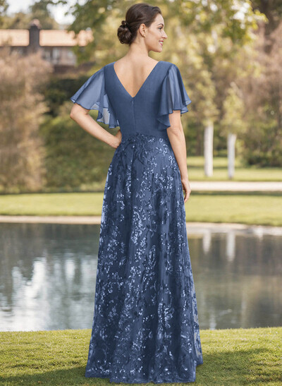 Exquisite Flutter Sleeve V-Neck Mother Of The Bride Dresses With Floral Embroidered Skirt