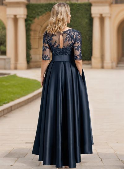 Exquisite Semi Sheer Illusion Lace Applique Neck Mother Of The Bride Dresses With Bow Accented