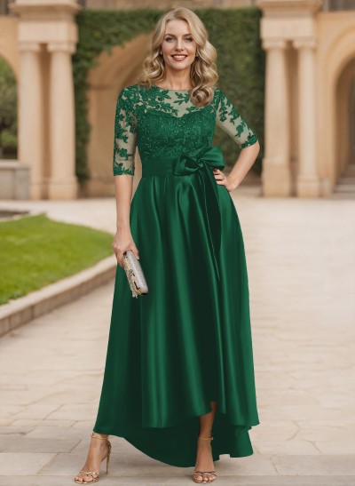 Exquisite Semi Sheer Illusion Lace Applique Neck Mother Of The Bride Dresses With Bow Accented