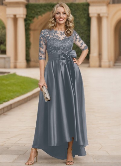 Exquisite Semi Sheer Illusion Lace Applique Neck Mother Of The Bride Dresses With Bow Accented