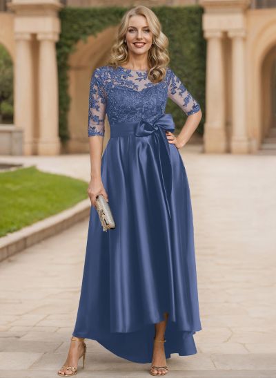 A-Line Scoop Neck 1/2 Sleeves Satin Mother Of The Bride Dresses With Bow(s)/Lace