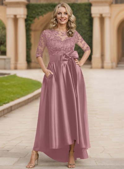 A-Line Scoop Neck 1/2 Sleeves Satin Mother Of The Bride Dresses With Bow(s)/Lace